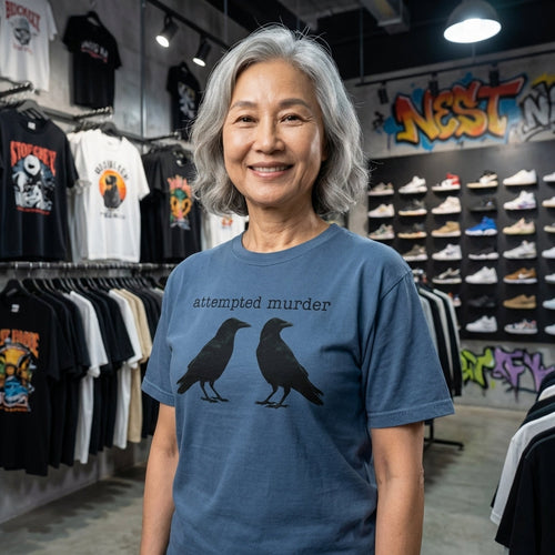 Model wearing the Attempted murder garment-dyed tee in Denim, sneaker store
