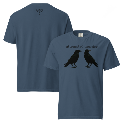 Attempted murder garment-dyed tee in Denim — front and back