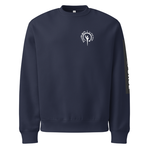 DATA_PURGE oversized sweatshirt in Navy — front, Human in the Loop chest emblem